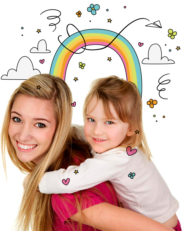 Au pair abrazando a una niña, rodeadas de dibujos de arcoíris y corazones
