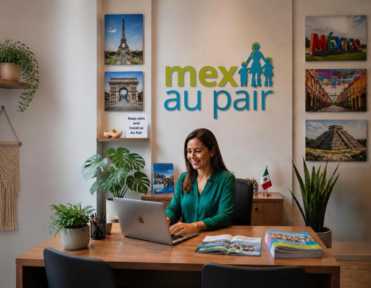 Ilustración de una asesora de MexAuPair trabajando en su escritorio, con el logo de la agencia y fotos de Francia y México en la pared